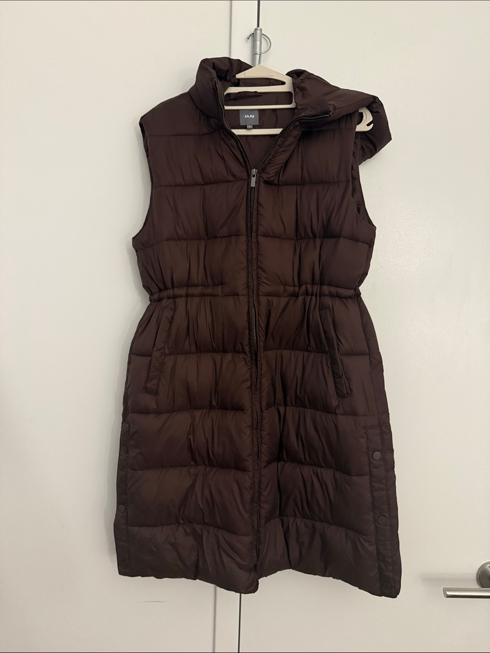Long Hooded Puffer Vest Chocolate Brown Zip Up Korean Brand JAJU
